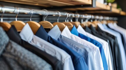   A rail with a line of shirts, adjacent to a rack holding folded garments - shirts and pants suspended on hangers