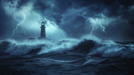 Fototapeta na wymiar A stormy sea with waves crashing against a lighthouse during a lightning storm