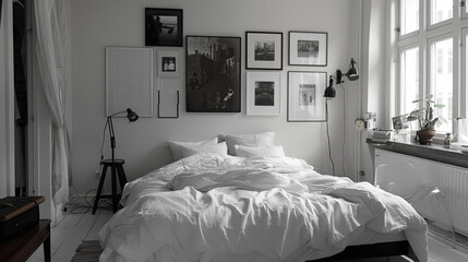 A minimalist bedroom featuring a low platform bed, crisp white linens, and a gallery wall of black-and-white photographs.