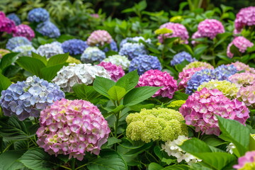 Obraz premium Lush hydrangea garden with a variety of colorful blooms
