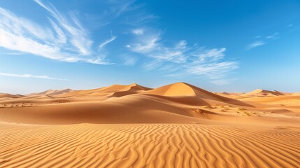 Fototapeta na wymiar A vast desert with towering sand dunes under a clear blue sky