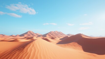 A vast desert with towering sand dunes under a clear blue sky