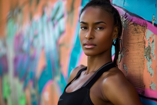 Confident Young Athlete Posing Against Vibrant Graffiti, Urban Fitness Style
