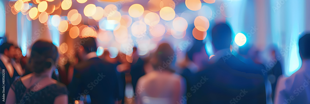 Poster a defocused image capturing the excitement of a corporate event with a blurry crowd mingling in the 