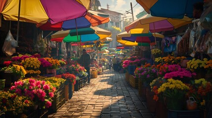 A vibrant outdoor market, with stalls selling colorful flowers, fresh produce, and handmade crafts under a canopy of bright umbrellas.