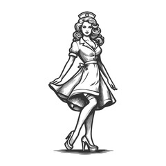 retro nurse in a stylish uniform, featuring playful pose that combines professional attire with vintage charm sketch engraving generative ai vector illustration. Black and white image.