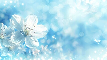   A white flower in focus against a blue backdrop; a soft, blurred butterfly silhouette behind it