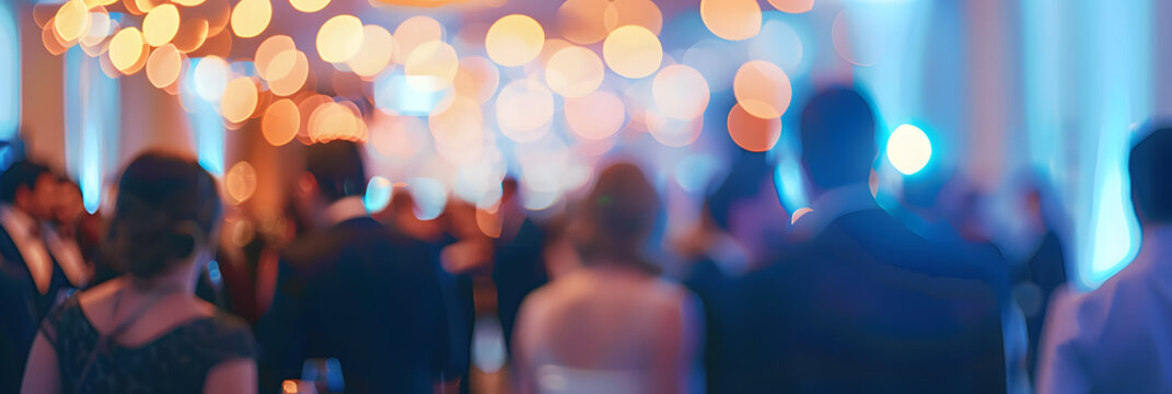 A defocused image capturing the excitement of a corporate event with a blurry crowd mingling in the background