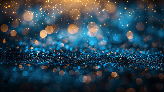 a dark blue and gold background with many lights