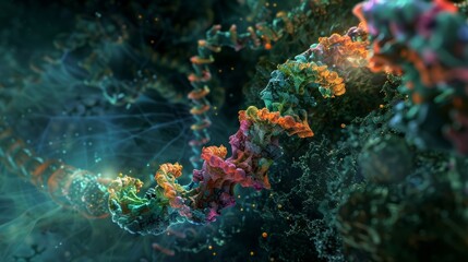 Detailed illustration of DNA molecule in blue environment. Scientific visualization