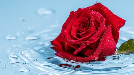  A red rose submerged in water, with droplets beading on its surface, and a verdant leaf emerging from it