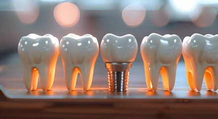 Dental implant displayed between teeth models on table in educational setting. Concept Dental Implants, Tooth Models, Educational Setting, Dental Equipment, Oral Health