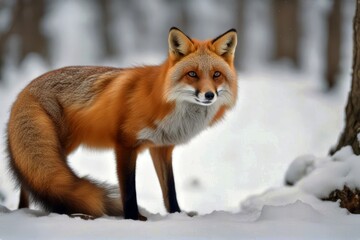 Obraz premium 'fox park white vulpes red bushy snow background winter tail pose canada isolated hunting algonquin wildlife cold copy space mammal fur walking portrait forest coat predator outdoors canino wild'