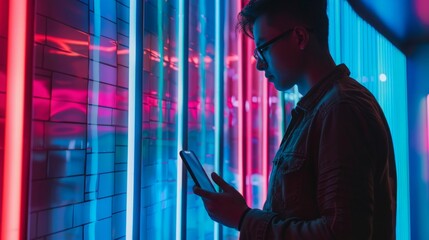 A man standing in front of a plain wall, holding a tablet in his hands.