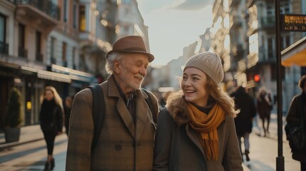 Fototapeta premium A young woman helping an elderly man cross the street, their smiles reflecting the kindness in their hearts.