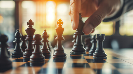 A chessboard set against a corporate office backdrop, with a hand moving a queen piece, symbolizing strategic decision making, decision making, business, natural light, soft shadow