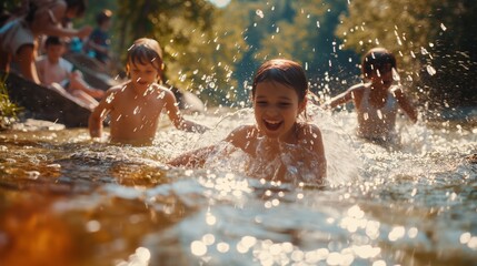 Fototapeta premium Children playing in a sparkling river, splashing and enjoying the refreshing water.