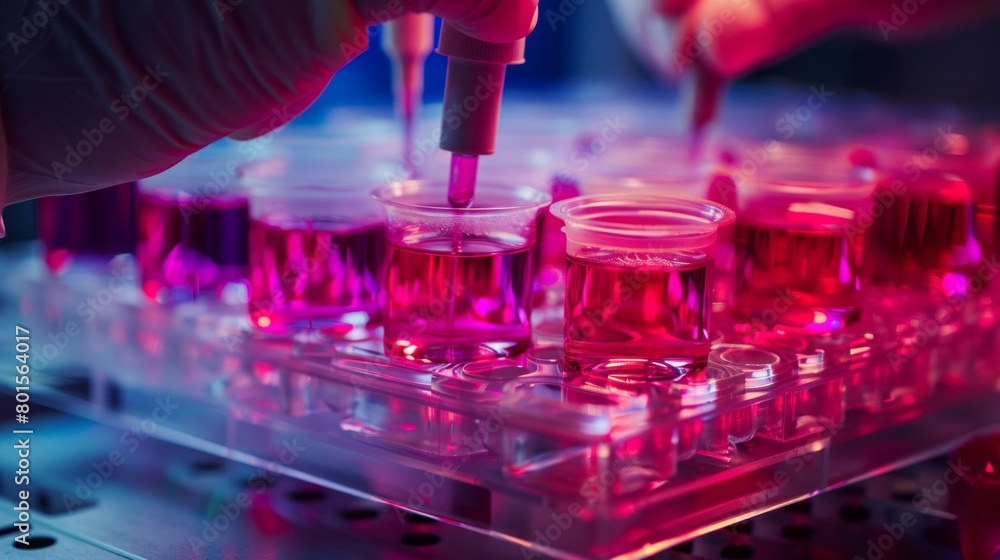 Poster A laboratory setting with numerous test tubes filled with various colored liquids, showcasing a scientific experiment in progress.