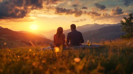 Fototapeta na wymiar Couples enjoying a romantic sunset picnic on a grassy hill overlooking a picturesque valley.
