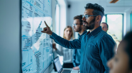 A teacher leading a software coding workshop, pointing at a whiteboard with complex code snippets and flowcharts, engaging with attentive students, programming languages learning,