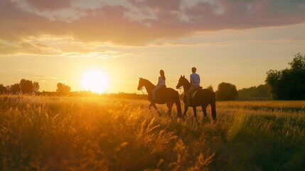 Couples enjoying a scenic horseback ride through a picturesque countryside at sunset.