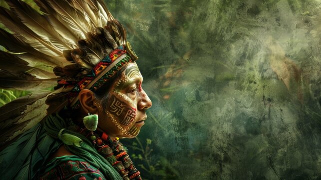 Native Americans in jade jewelry and quetzal feathers. Classical Mesoamerica.