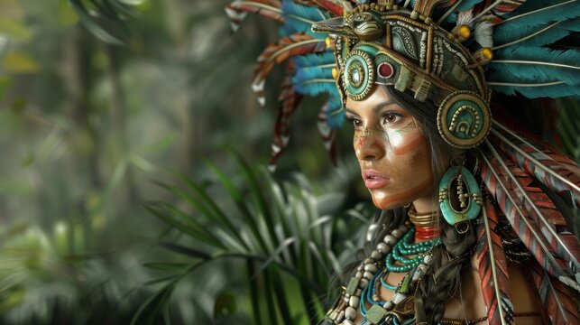 Native Americans in jade jewelry and quetzal feathers. Classical Mesoamerica.