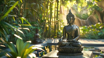 Buddha statue meditating in lotus position in a natural setting. Tranquil Buddhist sculpture in a serene landscape. Concept of Zen, meditation, religion, peace, spiritual awakening, mindfulness
