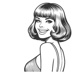 joyful retro woman, showcasing a sleek bob hairstyle and a radiant smile, sketch engraving generative ai fictional character vector illustration. Scratch board imitation. Black and white image.