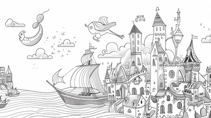 Whimsical line art characters exploring various destinations and attractions.