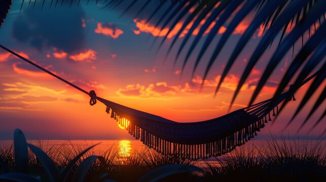 Portrait of silhouette hammock and palm leaf in tropical sunset. generative AI image