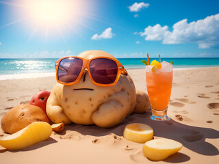 Potato in Sunglasses Relaxing by the Sea.Generated by AI