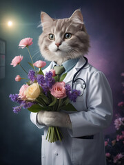 Cat Doctor with Flowers. Celebration.Generated by AI
