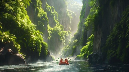 Friends rafting down a roaring river, surrounded by towering cliffs and verdant greenery. - obrazy, fototapety, plakaty