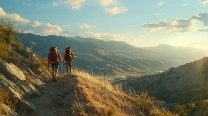 Obraz premium Friends hiking along a winding mountain trail, with panoramic views of the valley below.