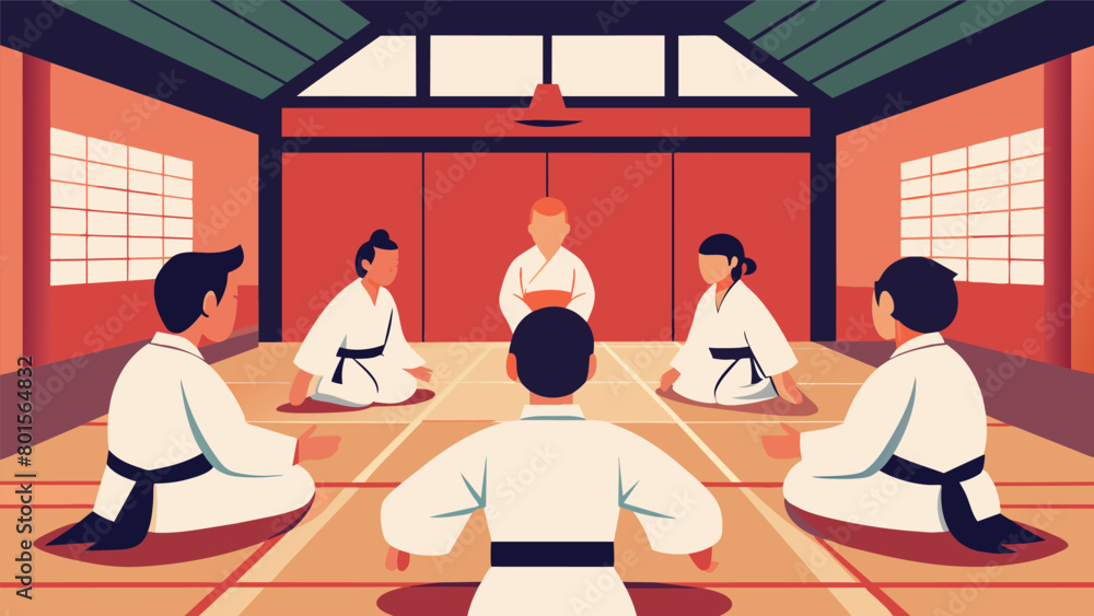 Poster a serene dojo with sliding shoji doors serves as the backdrop for a group of students mastering the 