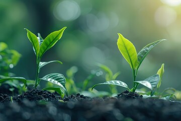 small green plants sprouting from the ground, growing in neat sequence on rich soil with a blurred light background, - obrazy, fototapety, plakaty