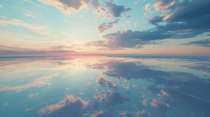 The surreal beauty of a salt flat, the sky perfectly reflected on the water's surface