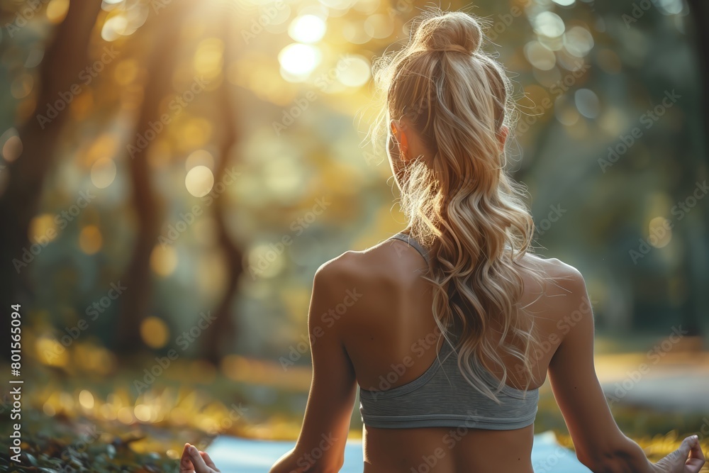 Wall mural Woman meditating in a golden forest scene