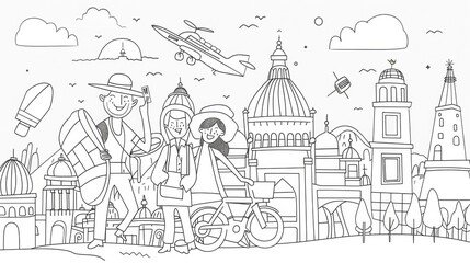 Fototapeta premium Whimsical line art characters exploring various destinations and attractions.