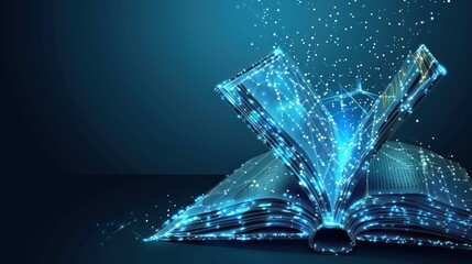 Open book with geometric digital lines on blue background. generative AI image