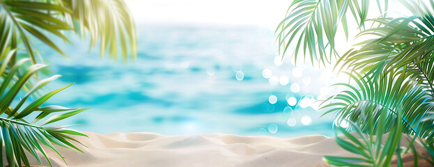 Summer background with tropical palm leaves and sandy beach background banner for summer vacation travel concept