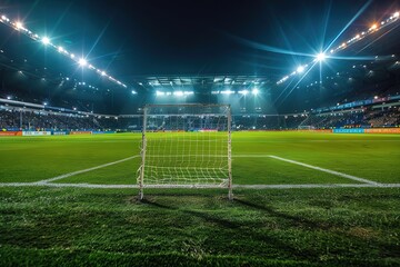 A dramatic view of an empty soccer stadium with lights shining down onto the green grass, with fans in their seats cheering on one team. - obrazy, fototapety, plakaty
