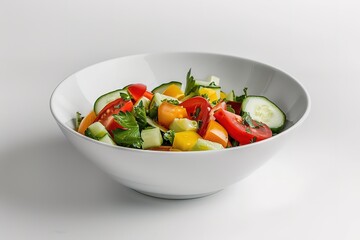 A fresh salad with mixed vegetables in a white bowl isolated on a white background,