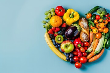 A heart shape made of various fruits and vegetables on a light blue background with space for copy