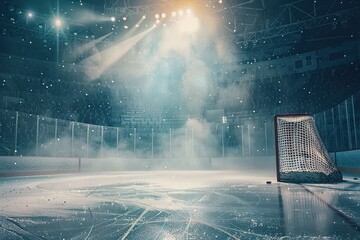 A hockey goal on an ice rink with fans in the stands and lights shining down, creating a dramatic atmosphere for a sports