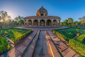 A panoramic view of the L Campy M bucks, India's most famous historical site with its dome and lawn...