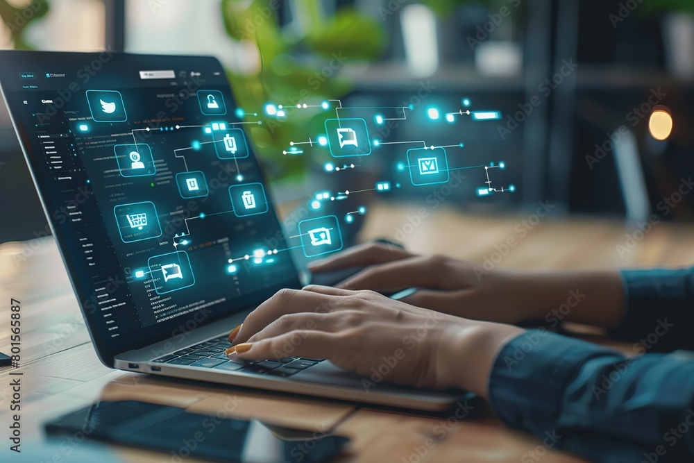 Poster a person using a laptop computer with digital document management icons floating above in an office 