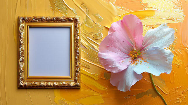 Elegant Floral Setup: Soft Pink Blossom and Ornate Frame on Yellow Textured Background