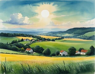 Tranquil Country Landscape with a Vibrant Blue Sky and Green Meadows